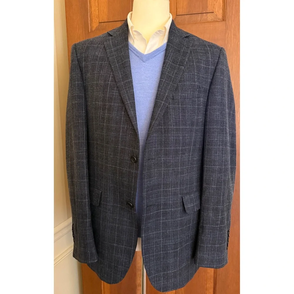 Jos. A. Bank Tailored Fit Sport Coat Mens 42L Blue Wool Silk Linen Blazer Jacket - Picture 3 of 16